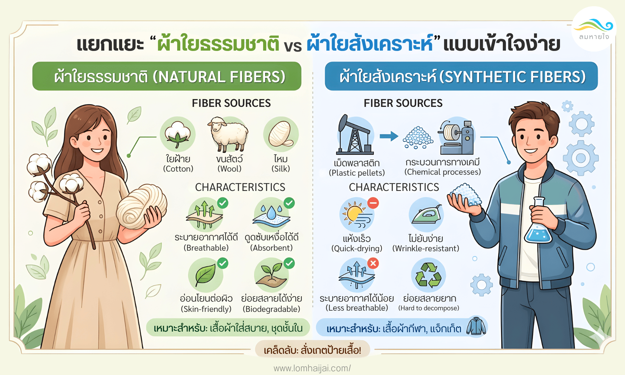 เเยกเเยะผ้าใยธรรมชาติกับผ้าใยสังเคราะห์